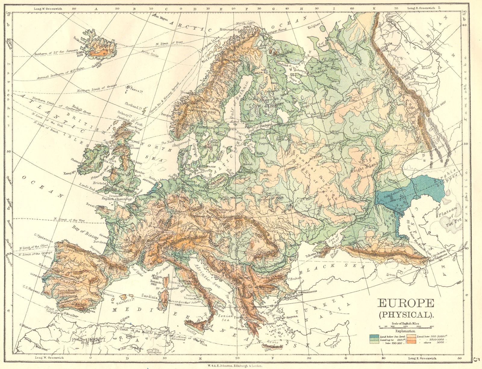 EUROPE. Europe(Physical) 1897 old antique vintage map plan chart